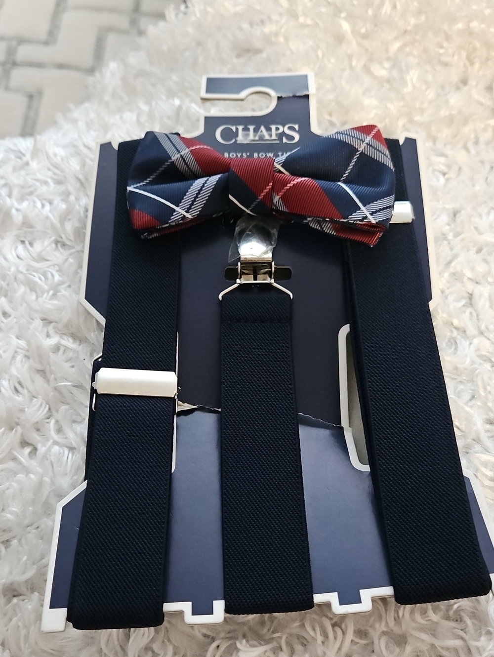 Boy's Ralph Lauren Chaps brand Adjustable Bow tie suspender Festive Navy Plaid
